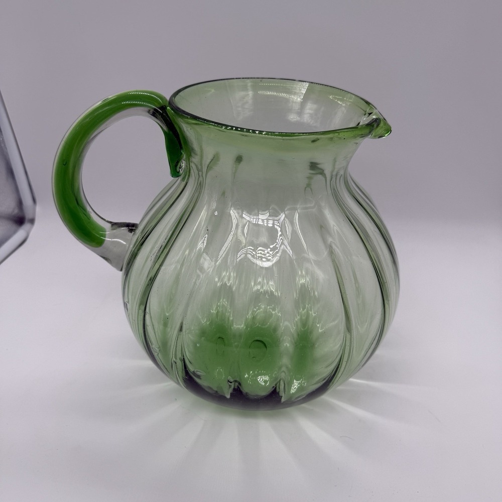 Vintage Hand Blown Green Glass Pitcher Aqua Ribbed Art Glass 9"